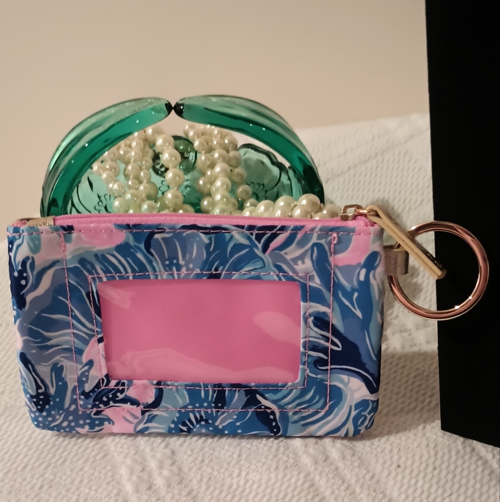 NEW Lilly Pulitzer ID Case Shade Seekers Coin Purse Keychain Gold Trim Pink Blue - Picture 2 of 15